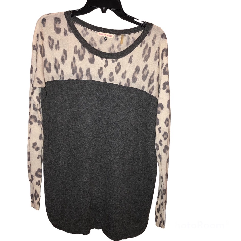 Rebecca Taylor Leopard Animal Print Knit Wool Blend Long Sleeve Top Grey medium